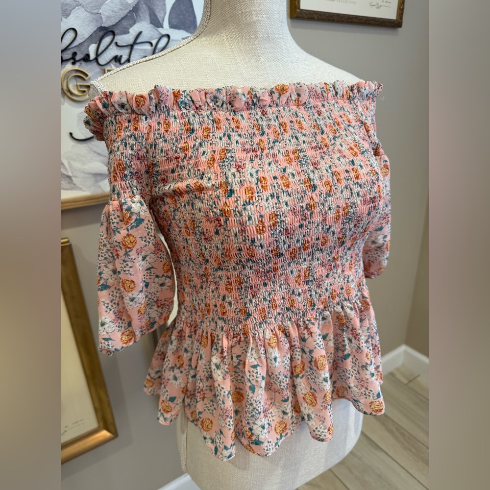SOCIALITE Smocked Ruffle Off the Shoulder Floral Top
